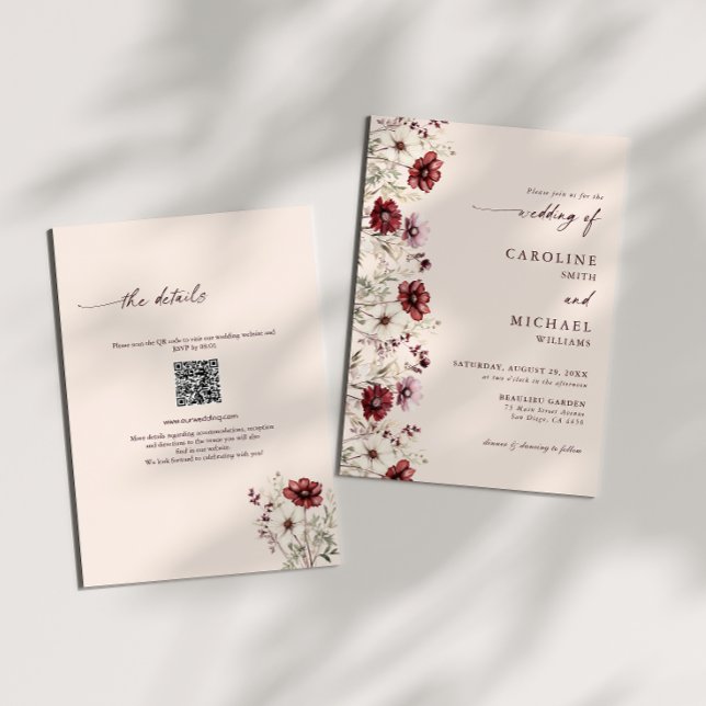 Burgundy Wildblomme QR Code Bröllop Inbjudningar (Skapare uppladdad)