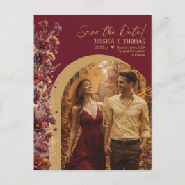 Burgundy Wildflowers Photo Wedding Save the Date Meddelande Vykort