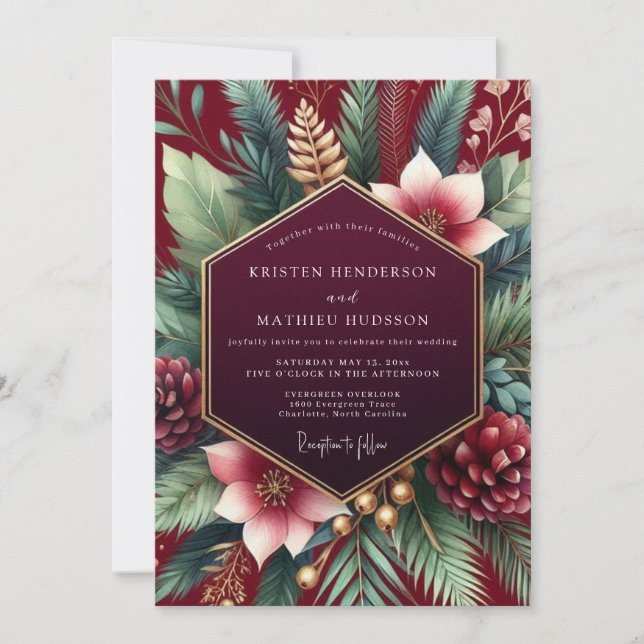 Burgundy Winter Botanical Wedding Inbjudningar (Framsida)
