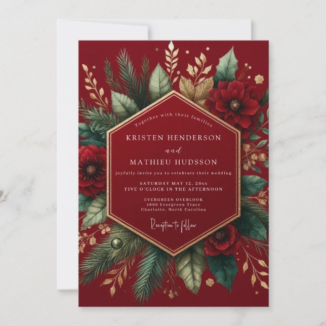 Burgundy Winter Botanical Wedding Inbjudningar (Framsida)