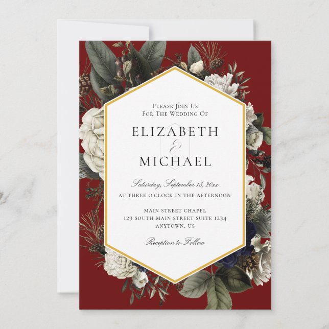 Burgundy Winter Bouquet målade blommor Bröllop Inbjudningar (Framsida)