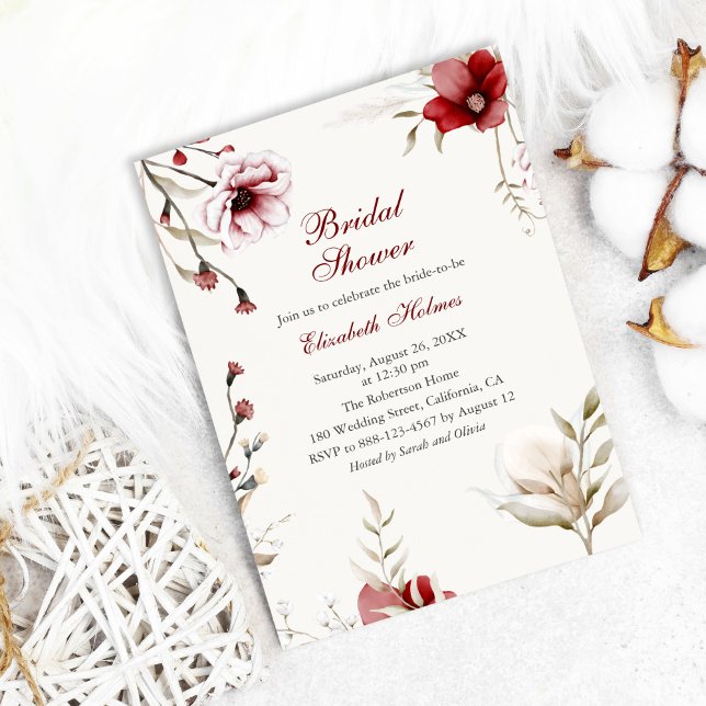 Burgundy Winter Elegance Inbjudningskort för möhip (Burgundy Winter Elegance Bridal Shower Invitation on cozy white background with cotton flowers)