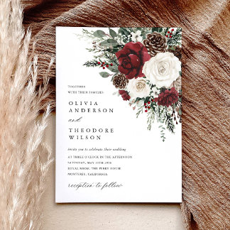 Burgundy Winter Floral Elegant Wedding Inbjudningar
