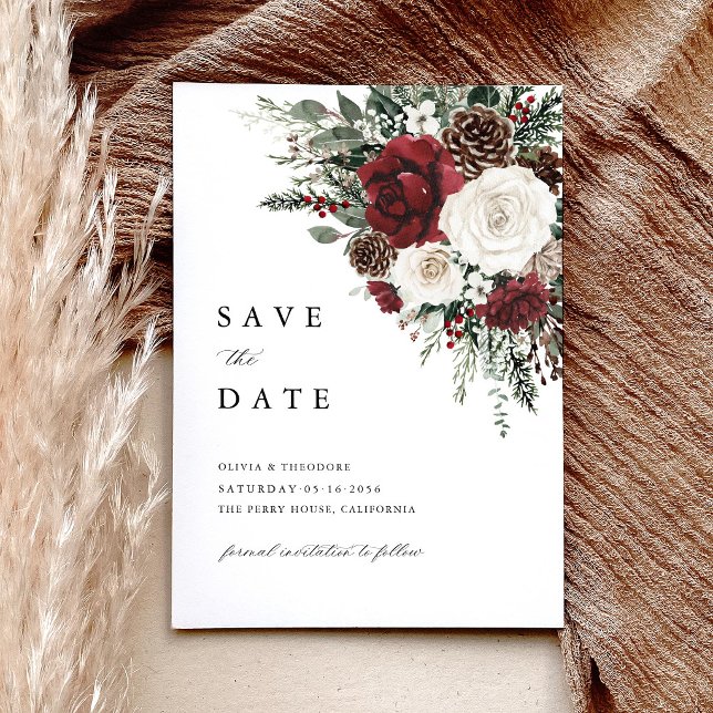 Burgundy Winter Floral Elegant Wedding Spara Datumet (Burgundy winter floral save the date card pinecone ivory rustic elegant wedding announcement)