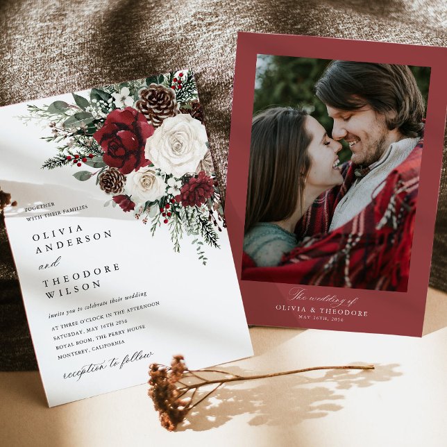 Burgundy Winter Floral Photo Back Wedding Inbjudningar (Burgundy winter floral photo wedding invitation with photo back elegant holiday invitation)