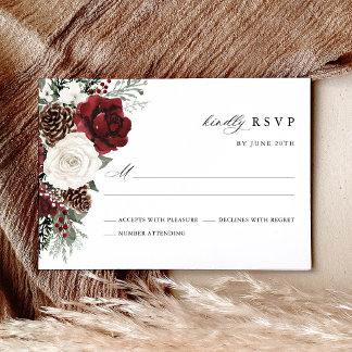 Burgundy Winter Floral Wedding RSVP Card OSA Kort