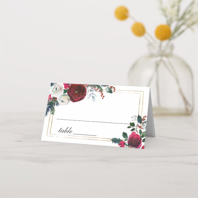 Burgundy Winter Ro Foliage Bröllop Bord Placeringskort (Framsida)