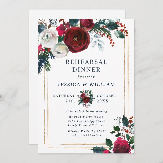 Burgundy Winter Ro Foliage REHEARSAL DINNER Inbjudningar (Fram/baksida)