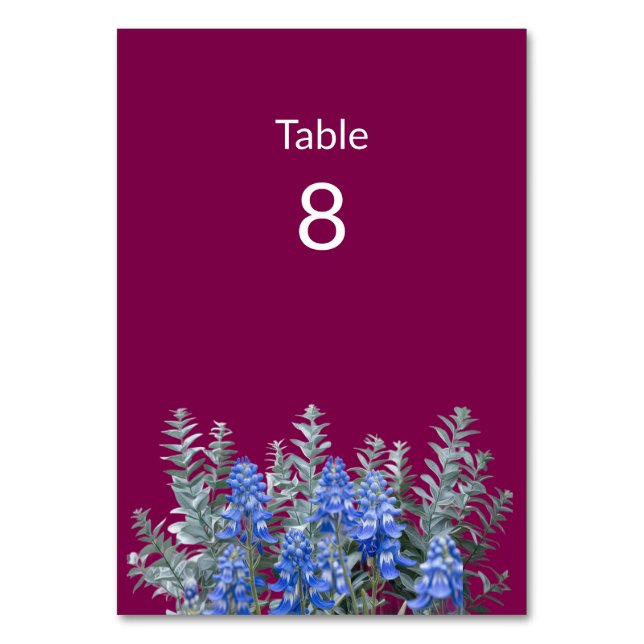 Burgundy Winter Wedand med Bluebonnet Bordsnummer (Framsidan)