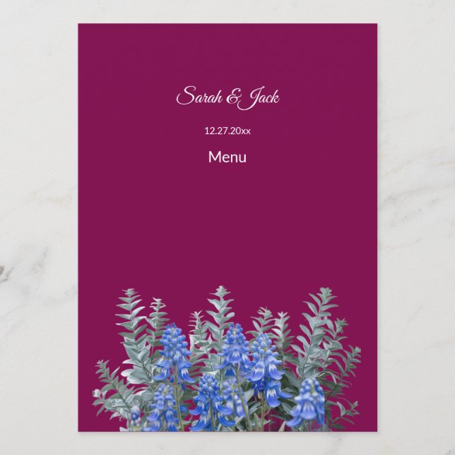 Burgundy Winter Wedand med Bluebonnet Meny (Framsida)