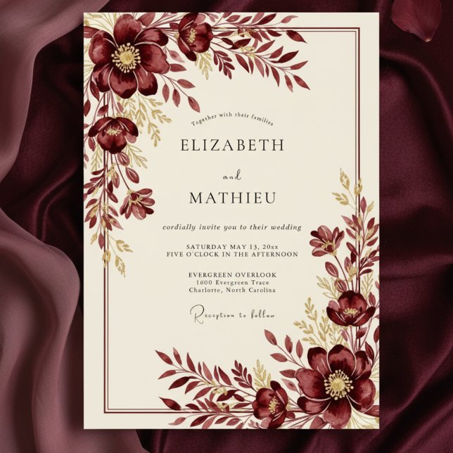 Burgundy Wintry Floral Wedding Inbjudningar (Skapare uppladdad)