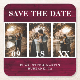 Burgundy Wood Bröllop Photo Save Date Underlägg Papper Kvadrat