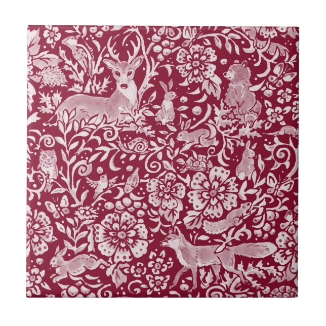 Burgundy Woodland Animal Forest Hjort Rabbit Fox Kakelplatta (Framsidan)