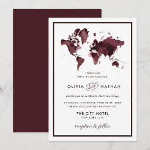 Burgundy World Map Elegant Travel Tema Bröllop Inbjudningar