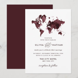 Burgundy World Map | Elegant Travel Tema Bröllop Inbjudningar