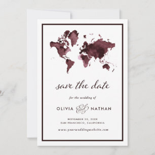Burgundy World Map Elegant Travel Tema Bröllop Spara Datumet