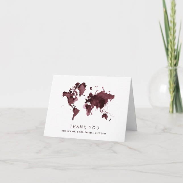 Burgundy World Map | Elegant Travel Tema Bröllop Tack Kort (Framsida)