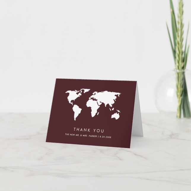Burgundy World Map | Elegant Travel Tema Bröllop Tack Kort (Framsida)