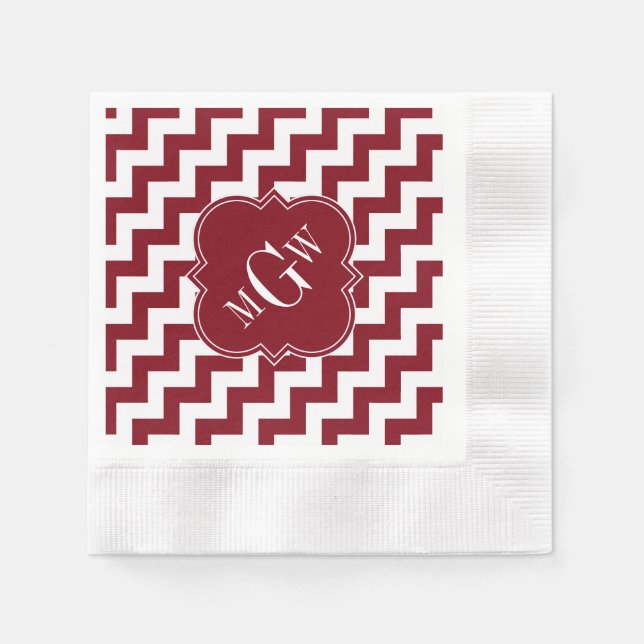 Burgundy Wt Chevron Burgundy Quatrefoil 3 Monogram Pappersservett (Framsidan)