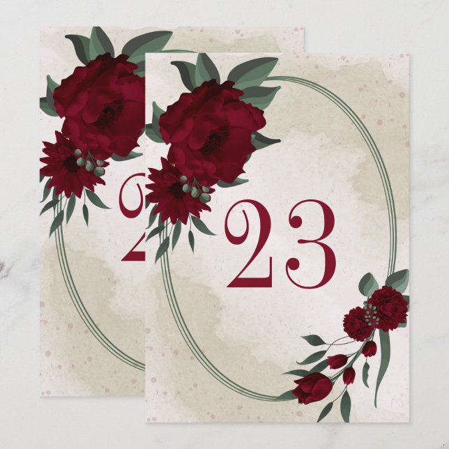 Burgundyblommor, grönt geometriskt bordsnummer (Fram/baksida)