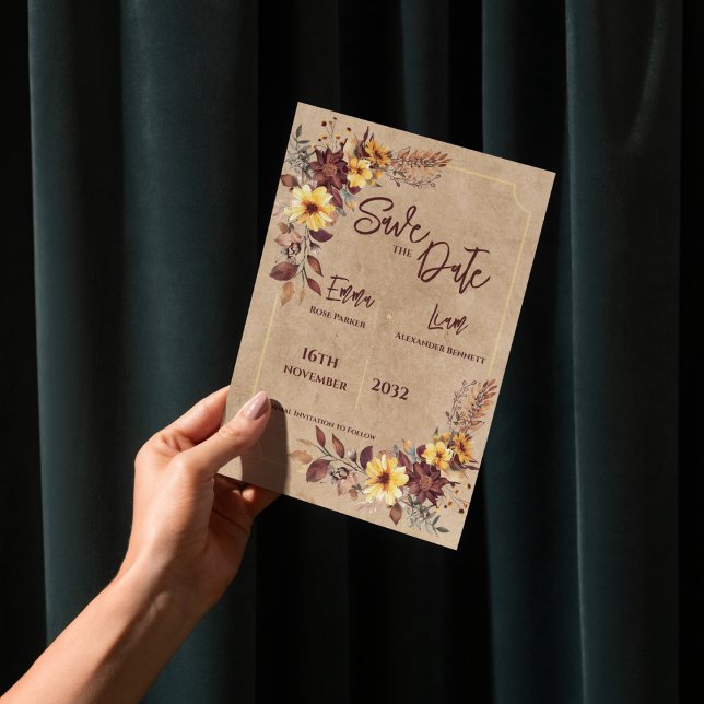 Burgundymostard Rustik Höst Bröllop Spara Datum (Burgundy Mustard Rustic Fall Wedding Save the Date)