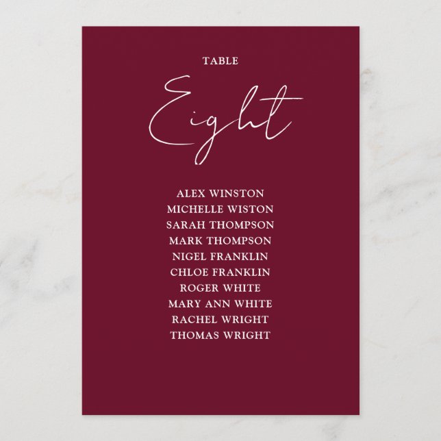 Burgundyröd modern sittplatskarta Bordskort (Framsida)