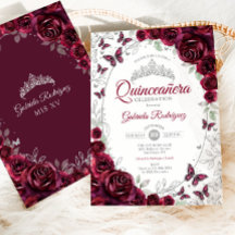 Burgundyröd Silver Blommig Quinceanera