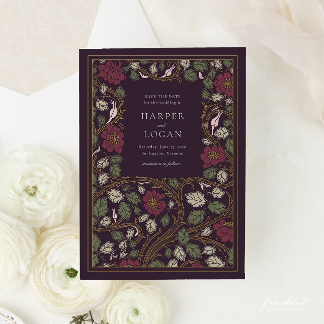 Burgundyröda Blommiga Spara Datum-kort (Burgundy Gold Art Nouveau Save the Date Card)