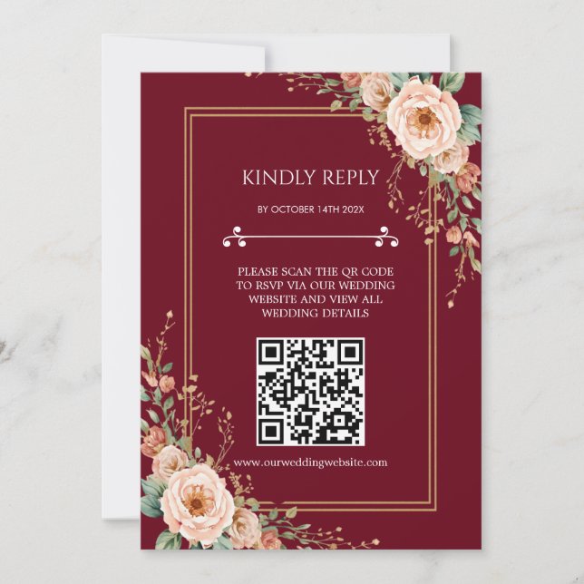 Burgundyrött QR-kod för bröllops-svarskort (Framsida)