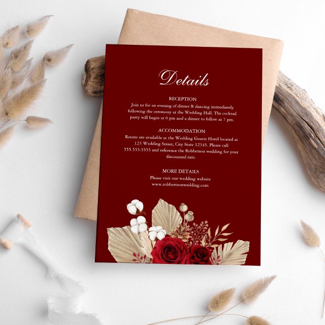 Burgundys Rosenträdgård Bröllopsdetaljer Kort (Burgundy Rose Garden Wedding Details Card on table surrounded with pampas grass.)