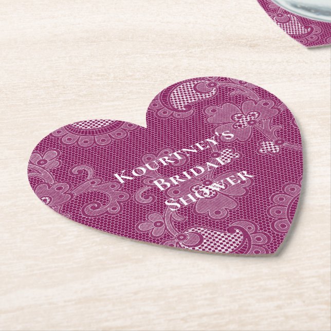 Burgundyvin Vitt Spets Blommig Bröllopsdusch Underlägg Papper (Vinklad)