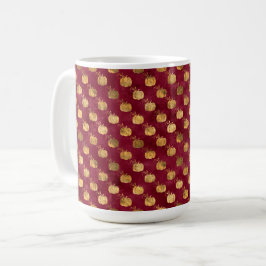 BURGUNGY RED MED ROWS OF GULD PUMPKINS KAFFEMUGG
