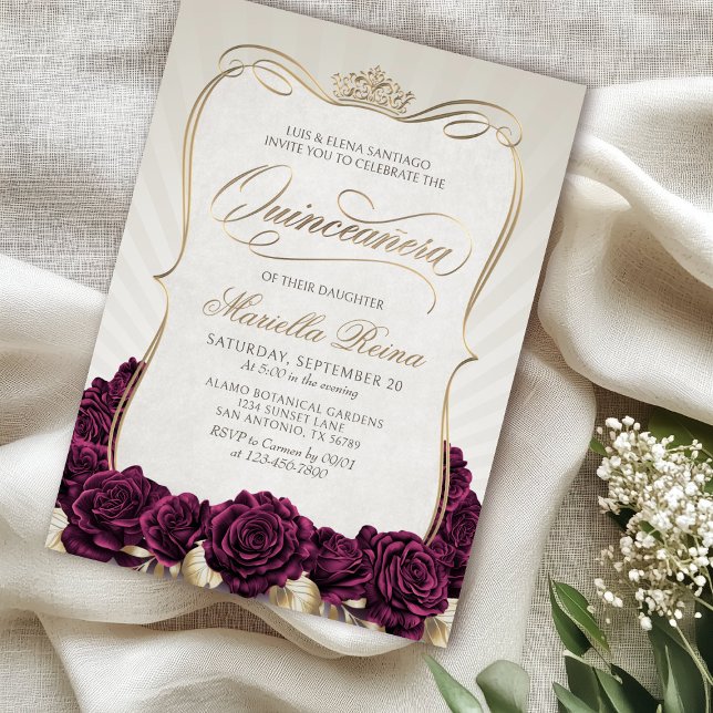 Burgunrdy Guld Quinceañera Inbjudningar (Skapare uppladdad)