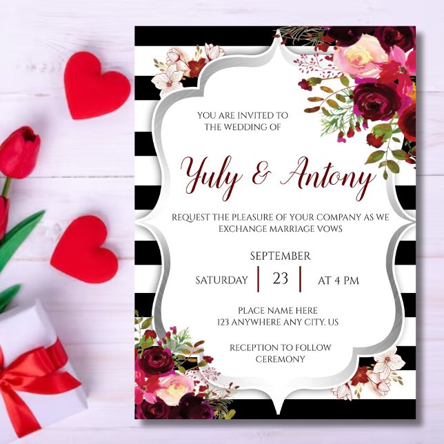 Burguny Template Invitación boda rojo borgoña  Inbjudningar (Invitacion flores rojo borgoña con lineas negras y bordes grises, perfecta para una hermosa boda)