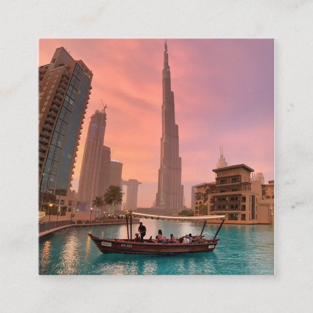 Burj Khalifa Boat Sjö Cityscape Fyrkantigt Visitkort (Framsida)