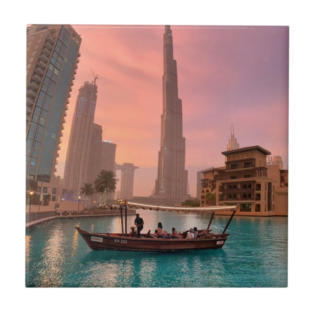 Burj Khalifa Boat Sjö Cityscape Kakelplatta (Framsidan)