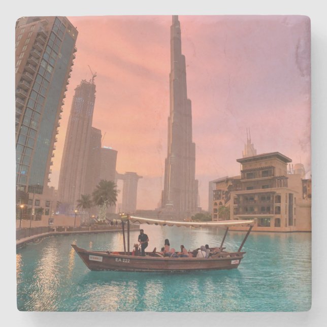 Burj Khalifa Boat Sjö Cityscape Stenunderlägg (Framsidan)