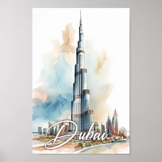 Burj Khalifa Dubai Watercolor Painting Travel Poster (Framsidan)