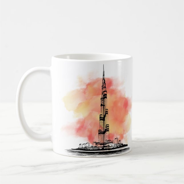 Burj Khalifa Illustration med Warm Watercolor To Kaffemugg (Vänster)