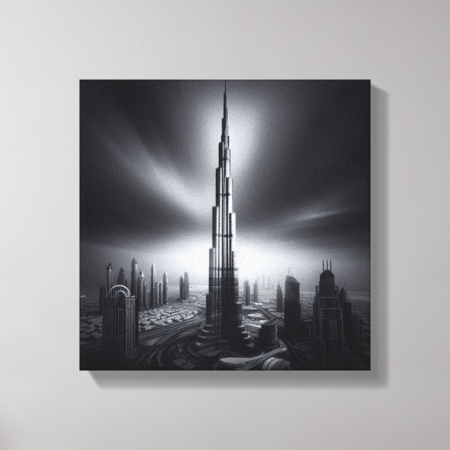 Burj Khalifa Monochrome Skyline - Dramatic Urban Canvastryck (Framsida)