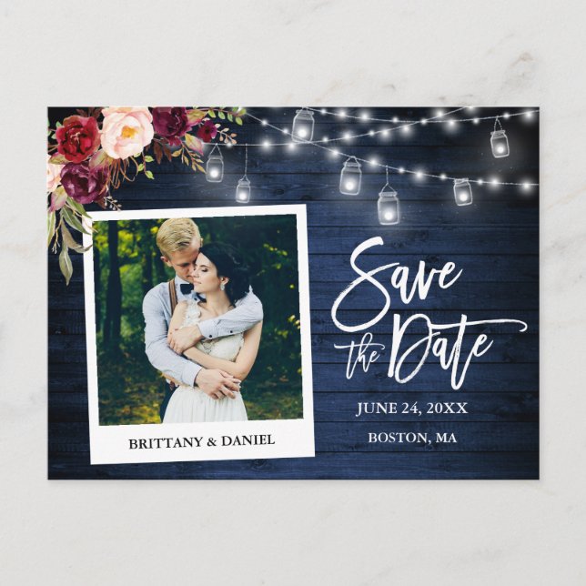 Burk för direktkamera, blå Blommigt, spara datum Vykort (Framsida)