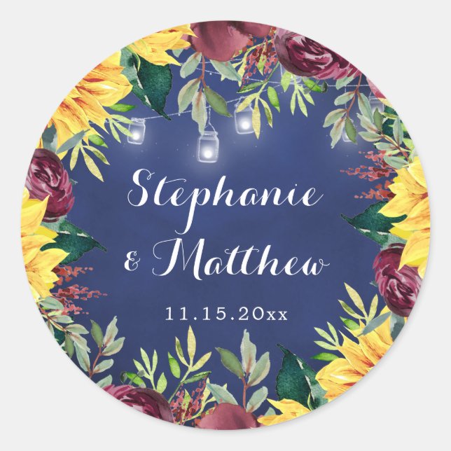 Burk Ljus Blommigt Bröllop Runt Klistermärke (Framsida)