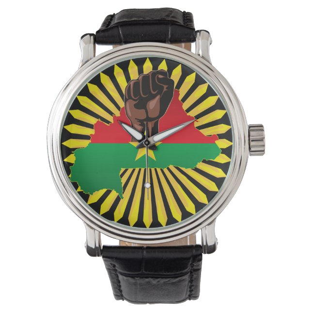 Burkina Faso Karta, Flagga och Revolution Fist Armbandsur (Framsida)