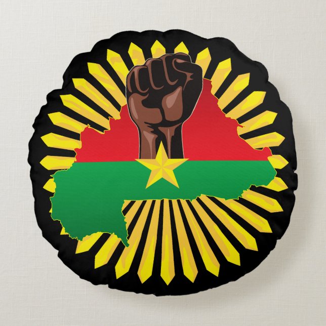 Burkina Faso Karta, Flagga och Revolution Fist Rund Kudde (Framsidan)