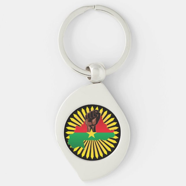 Burkina Faso Karta, Flagga och Revolution Fist Swirl Silverfärgad Nyckelring (Framsidan)