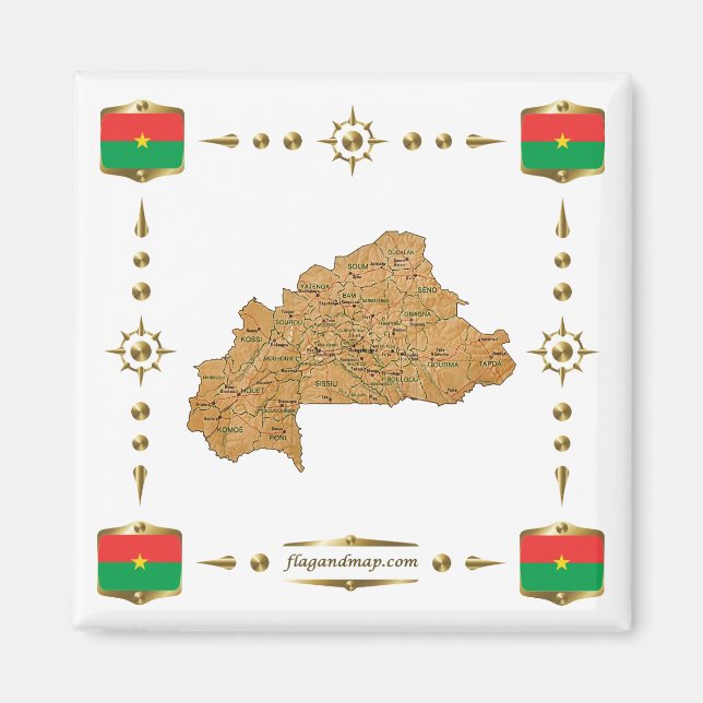 Burkina Faso Karta + Flaggor Magnet (Framsidan)