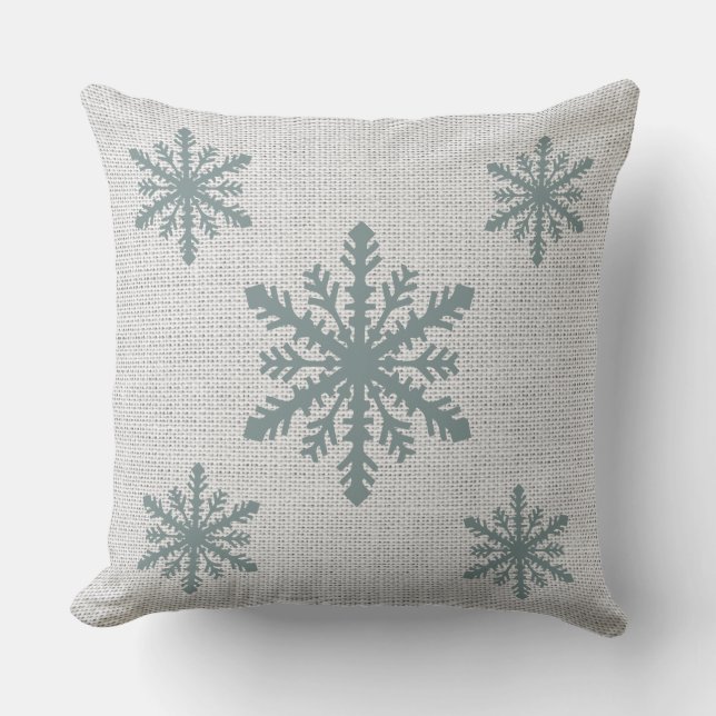 Burlap Aqua Snowflake/Renare Julpån Kudde (Framsida)