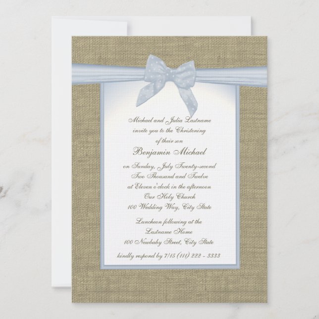 Burlap Baby blue Christening Inbjudningar (Framsida)
