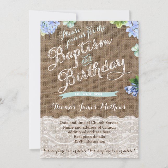 Burlap Baptism och födelsedagsinbjudningar till po Inbjudningar (Framsida)