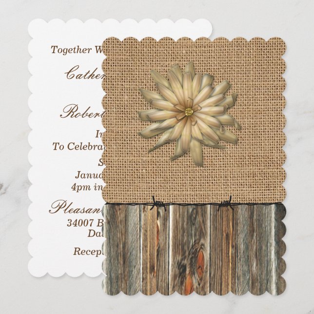 Burlap Barnwood Barbed Wire och Flower Inbjudan (Fram/baksida)